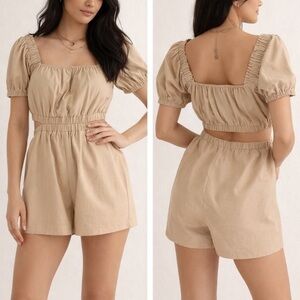 Le Lis For You To Say Linen Blend Tan Brown Puff Sleeve Cutout Romper